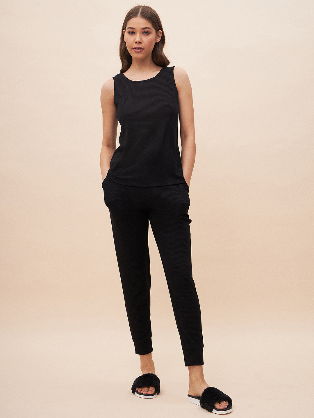 Black Three Piece Ribbed Lounge Wear Set