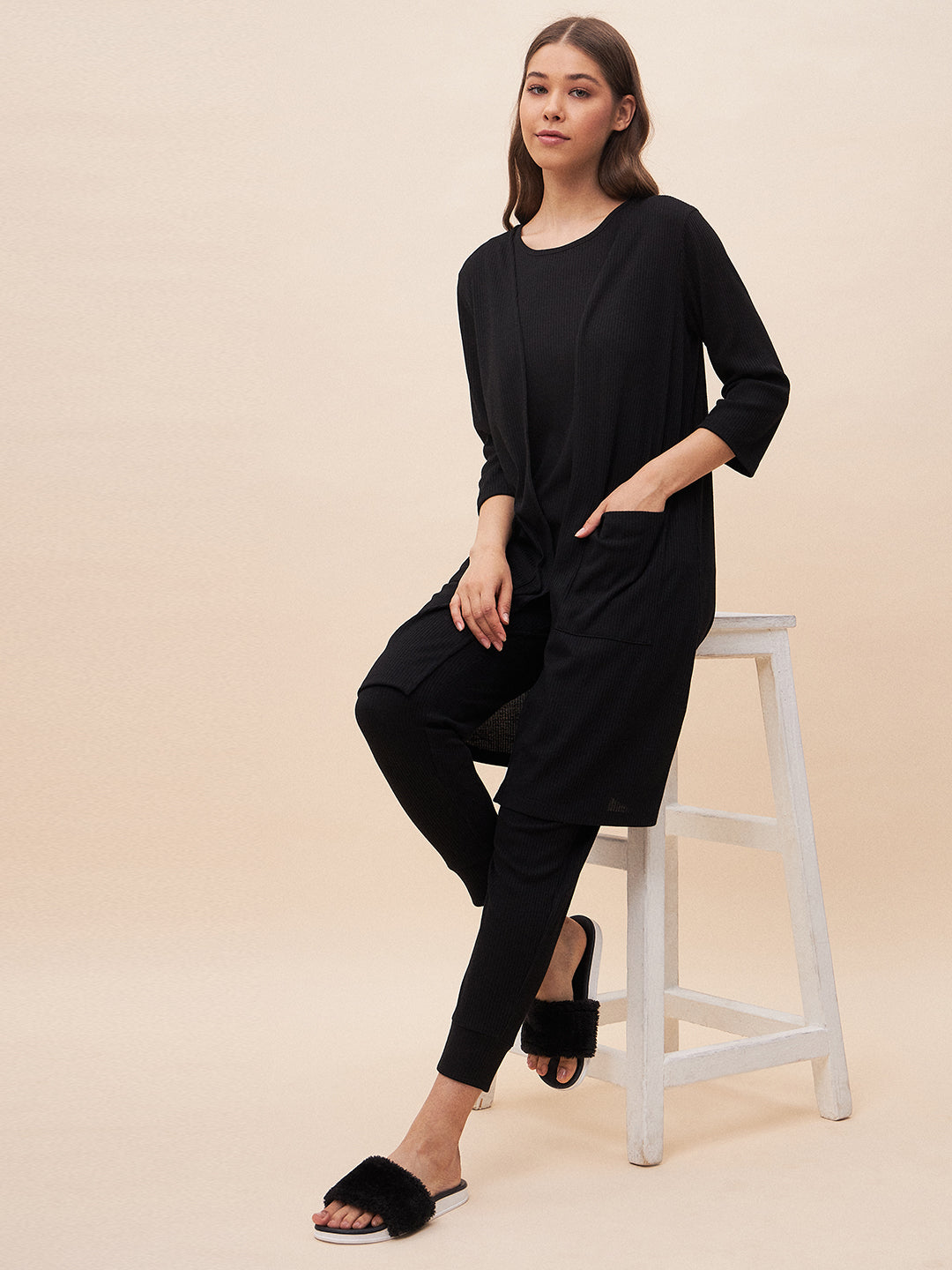 Black Three Piece Ribbed Lounge Wear Set