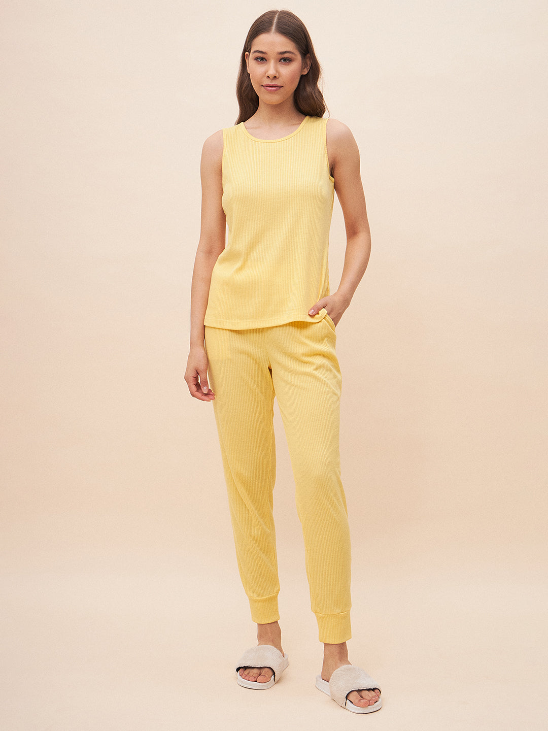 Yellow Three Piece Ribbed Lounge Wear Set