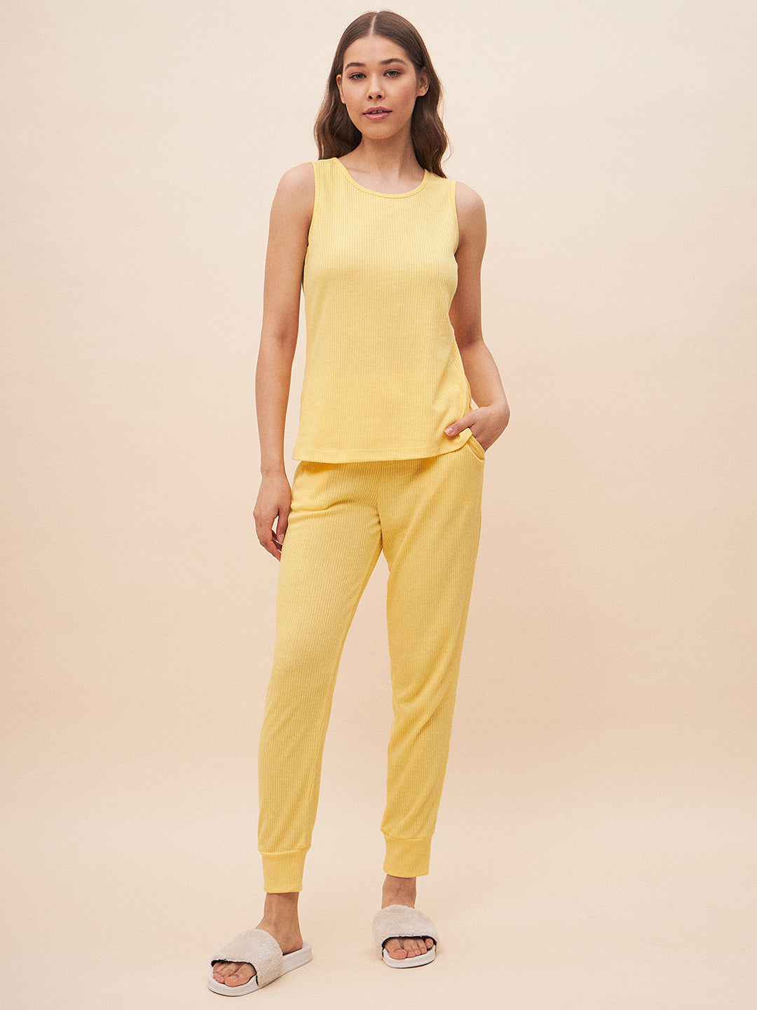 Yellow Three Piece Ribbed Lounge Wear Set