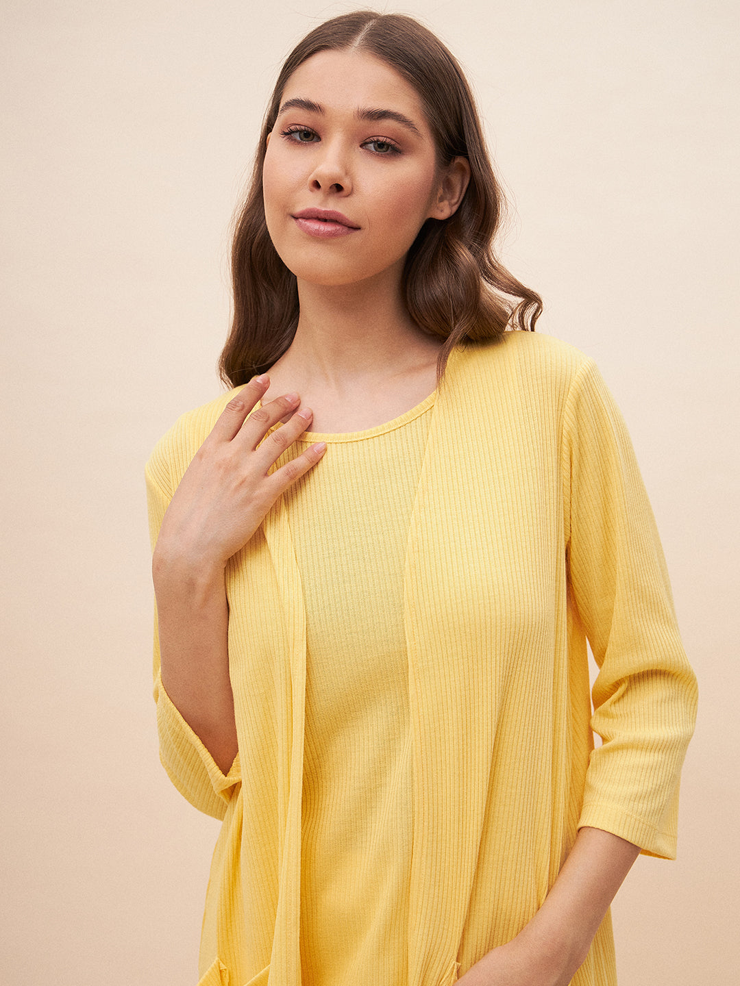 Yellow Three Piece Ribbed Lounge Wear Set