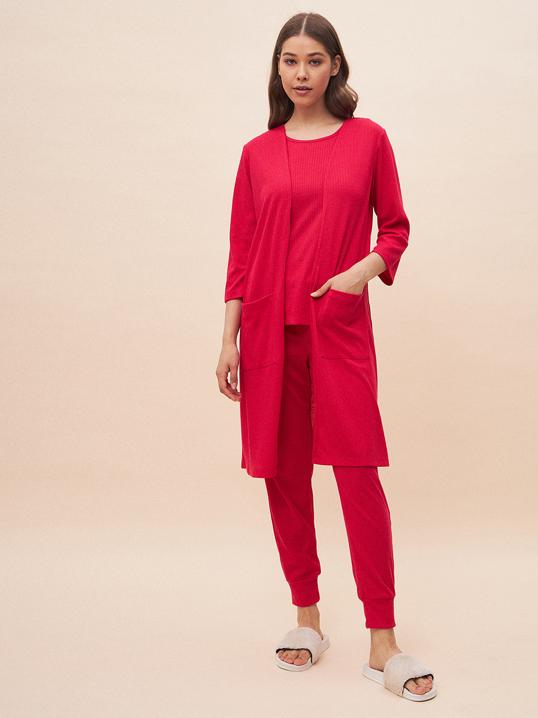 Pink Three Piece Ribbed Lounge Wear Set