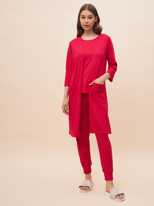 Pink Three Piece Ribbed Lounge Wear Set