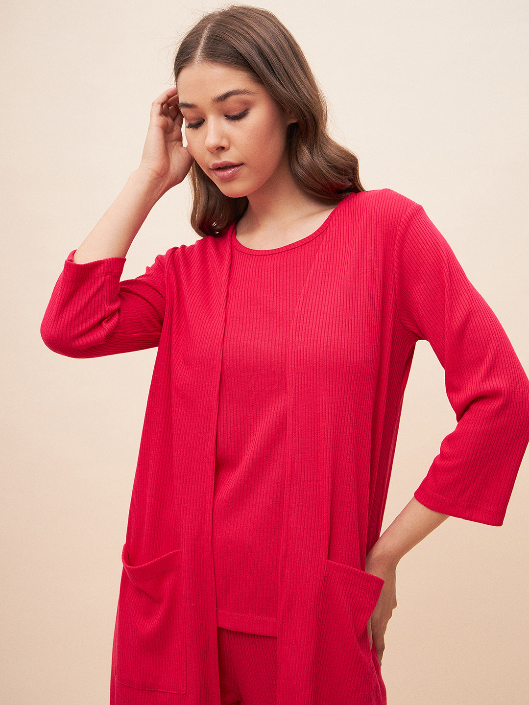 Pink Three Piece Ribbed Lounge Wear Set