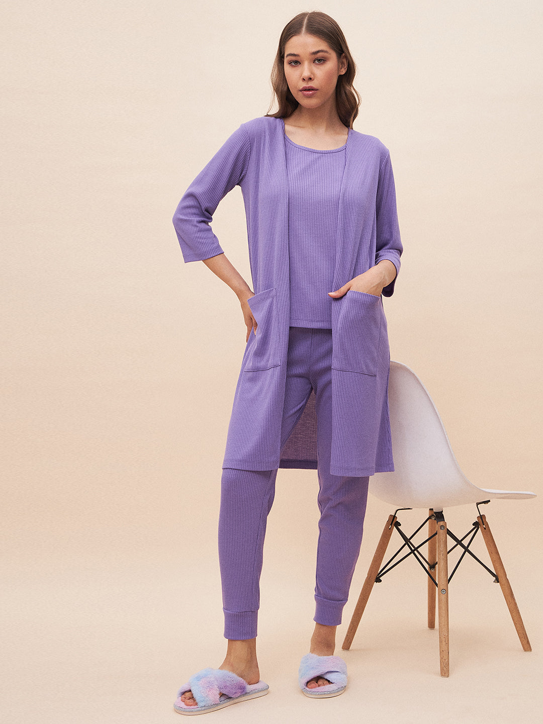 Lavender Three Piece Ribbed Lounge Wear Set