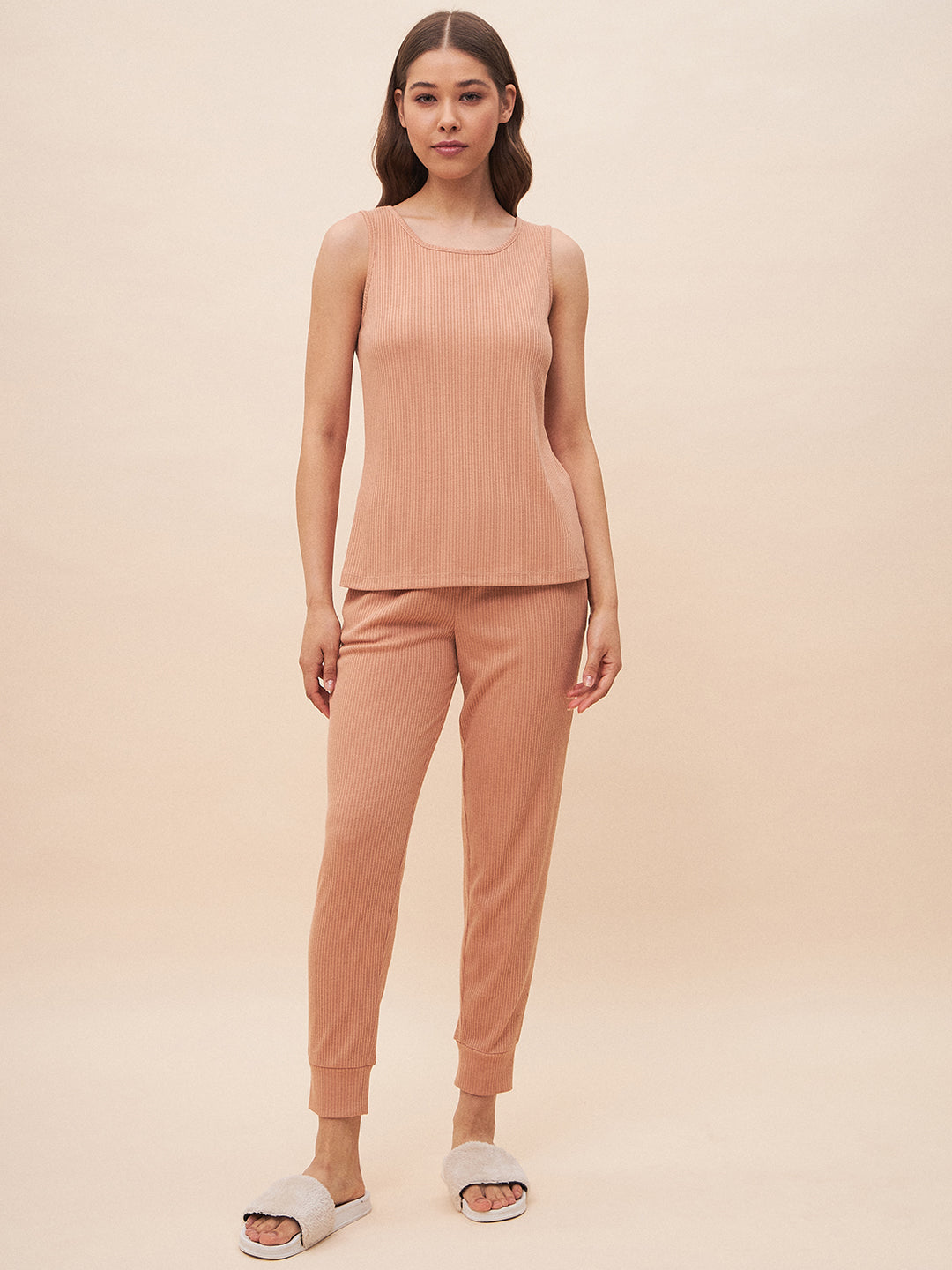 Beige Three Piece Ribbed Lounge Wear Set