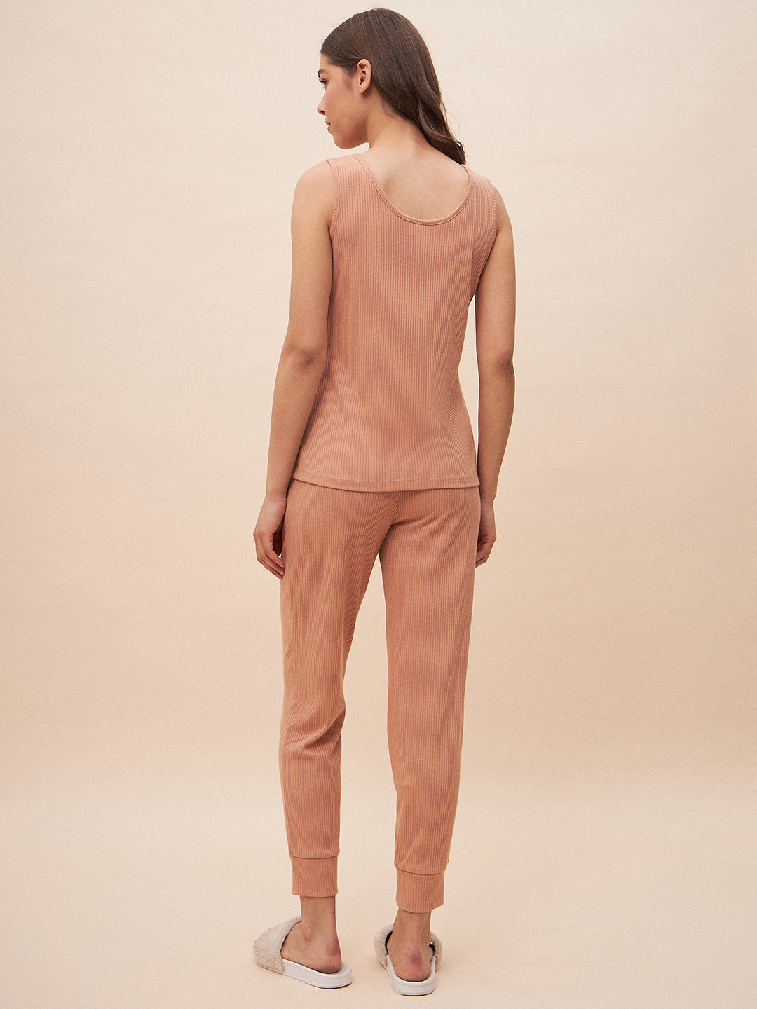 Beige Three Piece Ribbed Lounge Wear Set