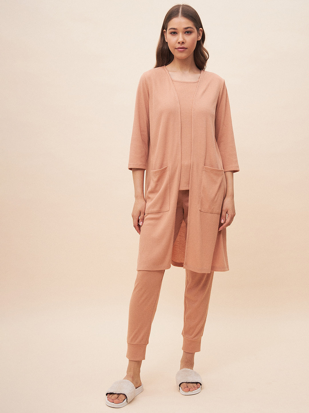 Beige Three Piece Ribbed Lounge Wear Set