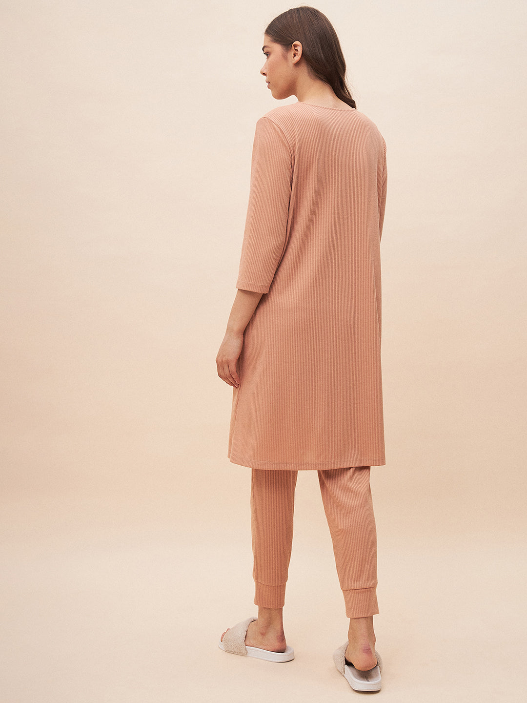 Beige Three Piece Ribbed Lounge Wear Set