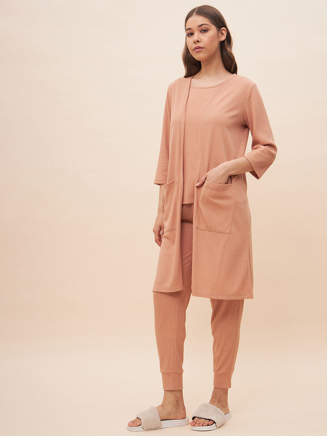 Beige Three Piece Ribbed Lounge Wear Set