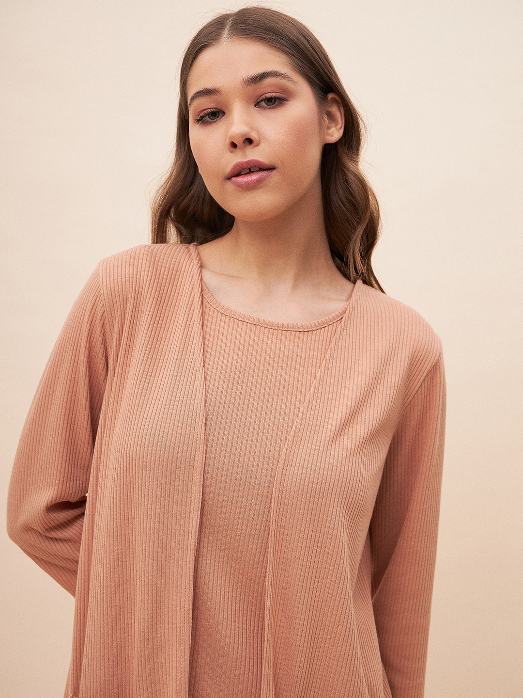 Beige Three Piece Ribbed Lounge Wear Set