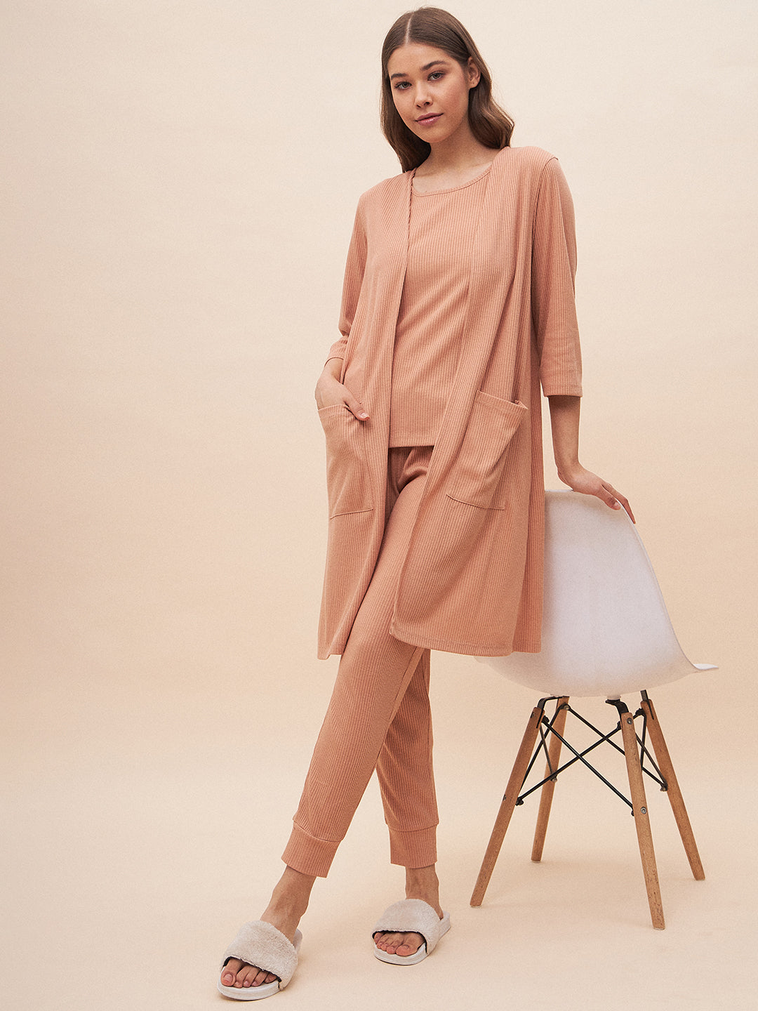 Beige Three Piece Ribbed Lounge Wear Set