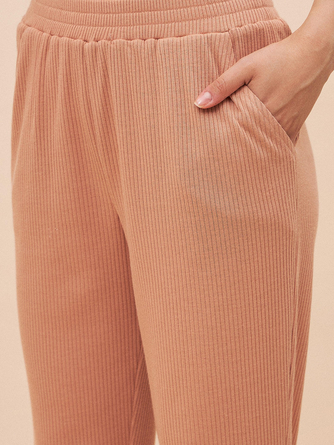 Beige Three Piece Ribbed Lounge Wear Set