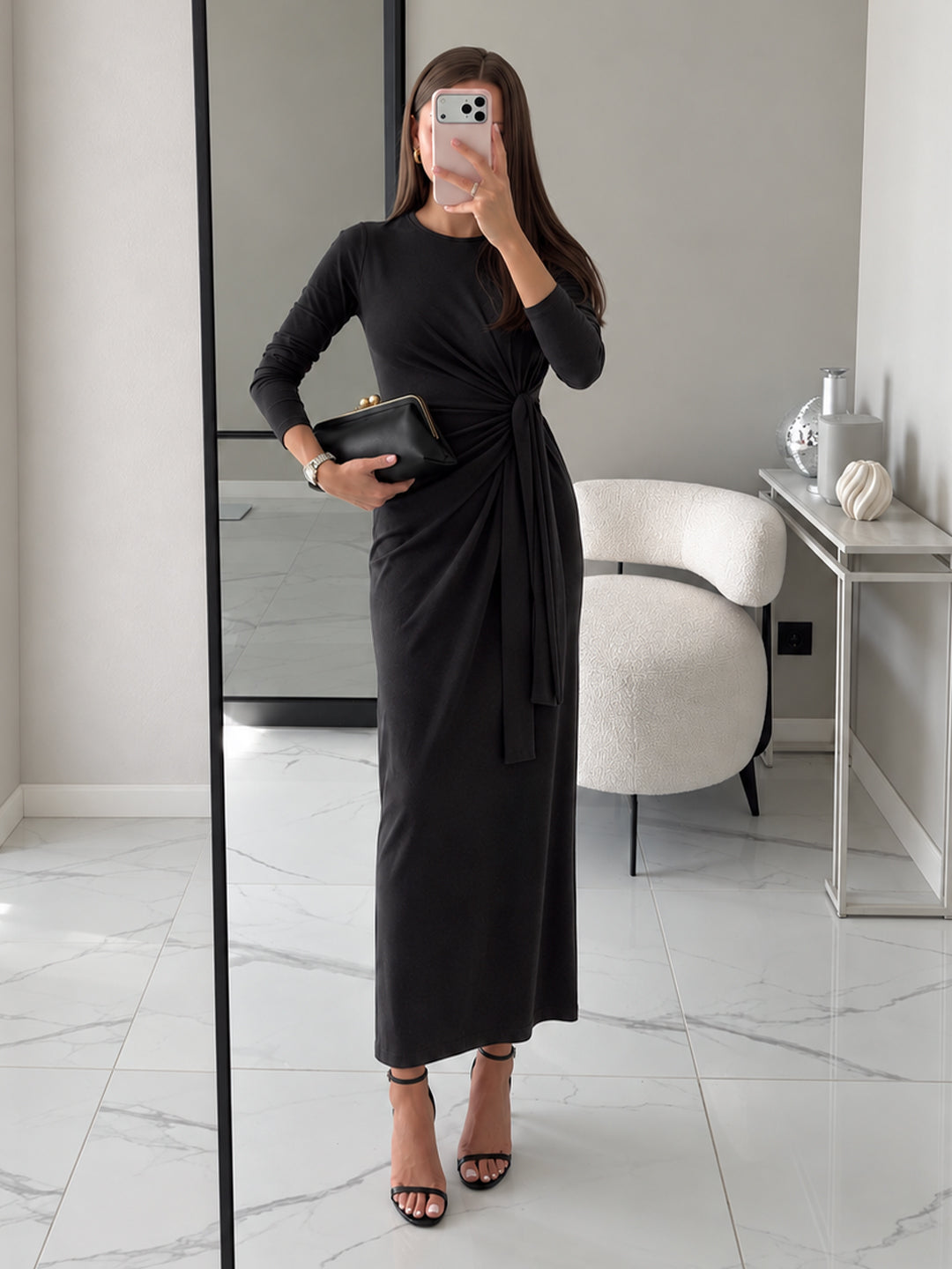 Black Cotton Knit Tie-Up Maxi Dress