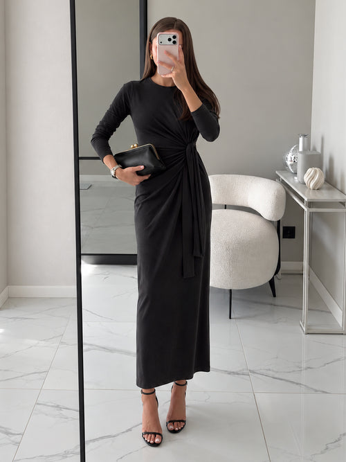 Black Cotton Knit Tie-Up Maxi Dress