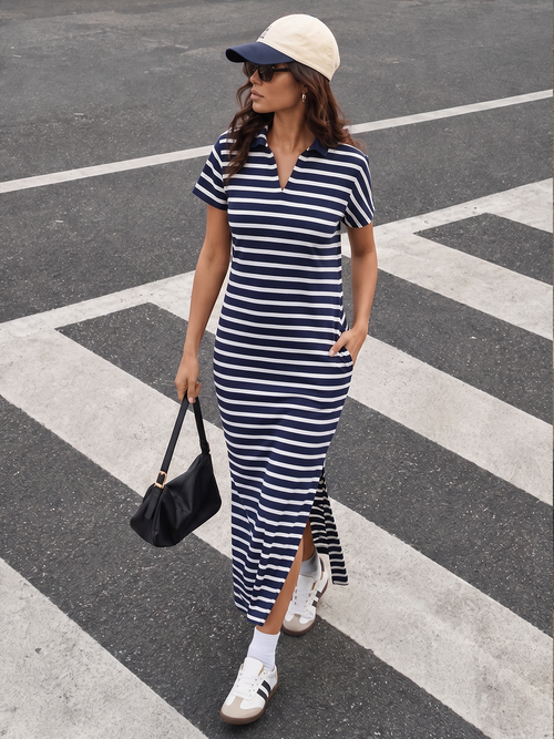 Navy Cotton Stripe Maxi Dress