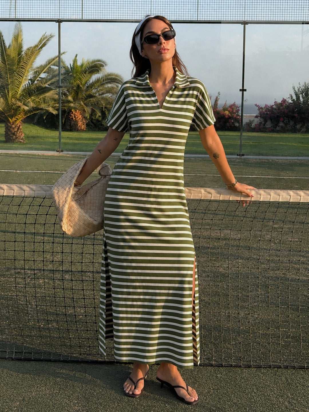 Olive Cotton Stripe Maxi Dress