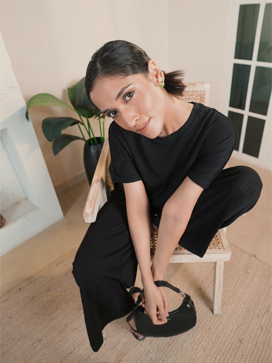 Black Round Neck Textured Jersey Co-Ord Set