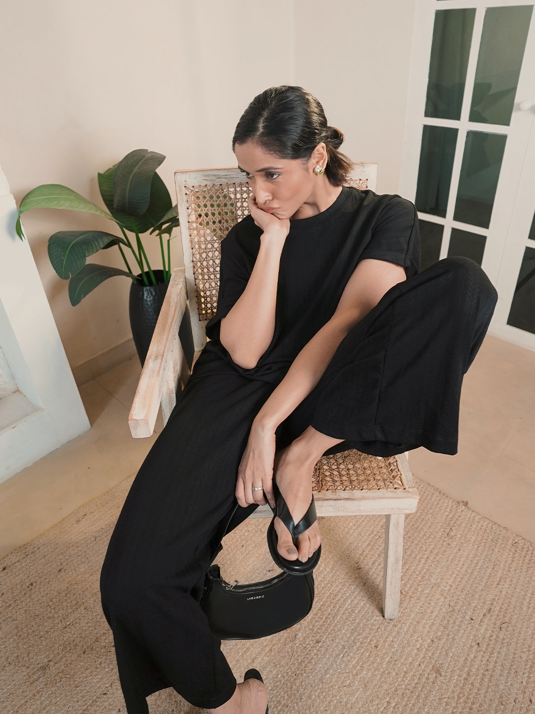 Black Round Neck Textured Jersey Co-Ord Set