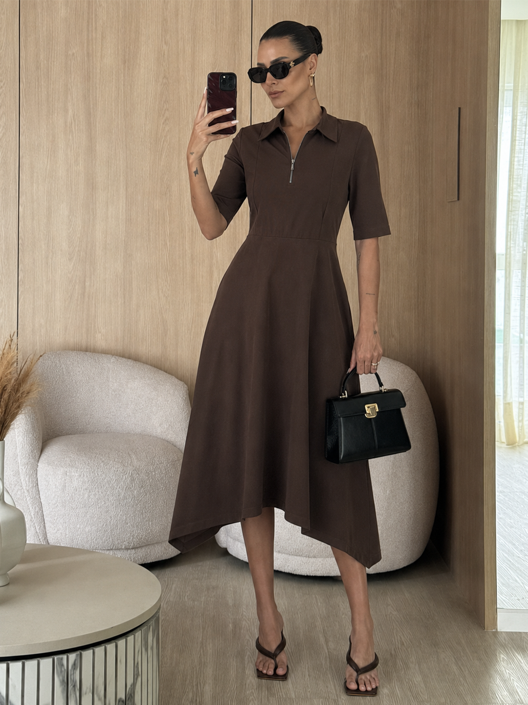 TrueStretch Cotton Mocha Zip-Up Dress