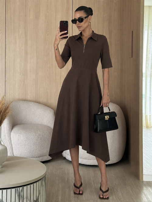 TrueStretch Cotton Mocha Zip-Up Dress