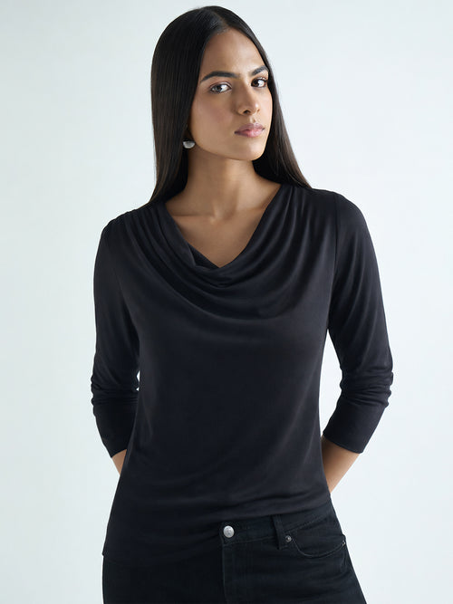 Bamboo Black Cowl Neck Bodysuit