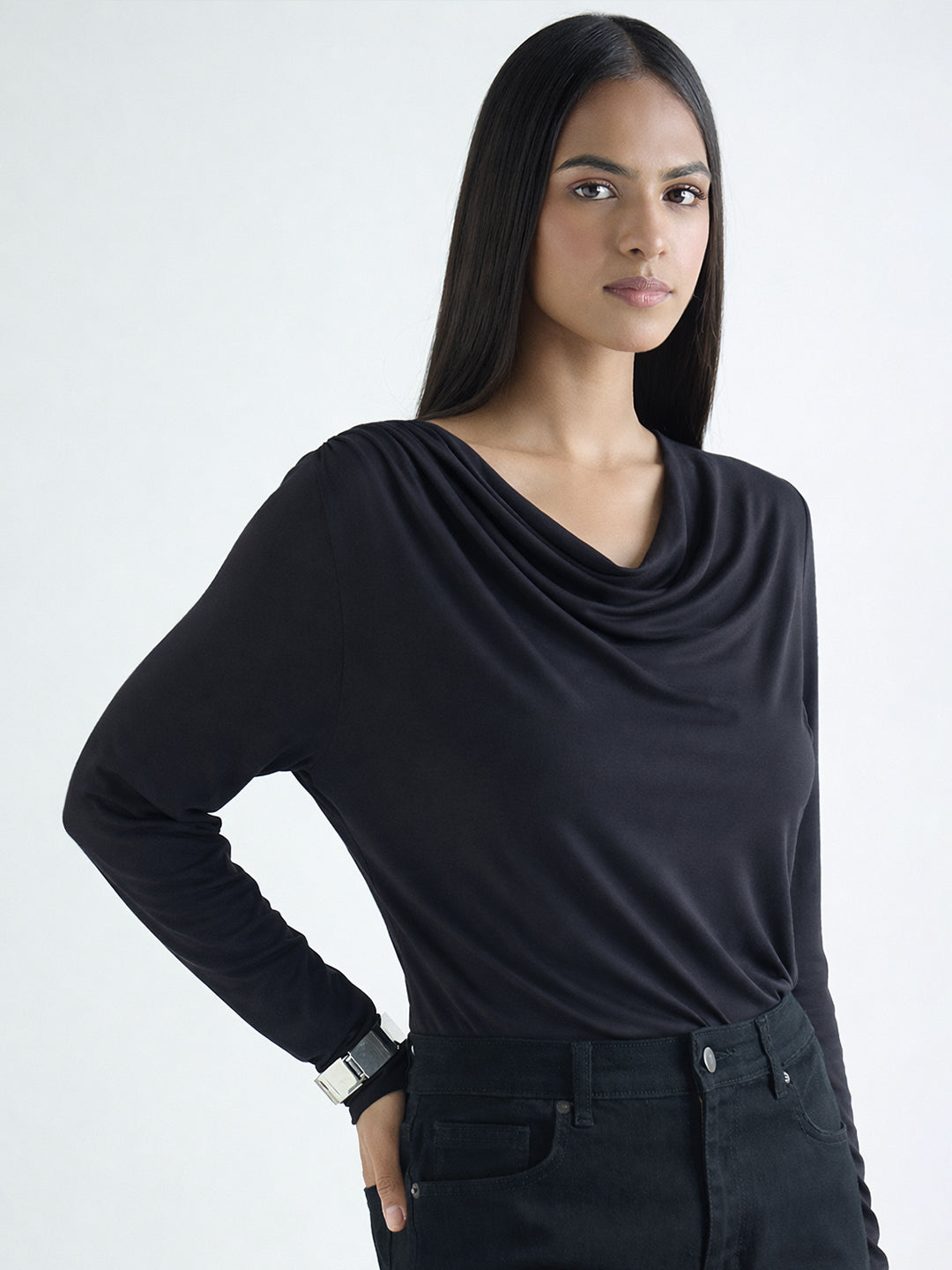 Bamboo Black Cowl Neck Bodysuit