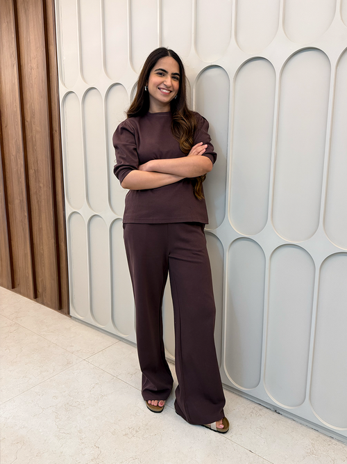 Coffee Brown Puff Sleeves Knit Co-Ord