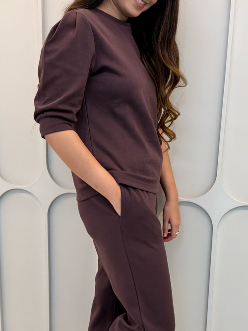 Coffee Brown Puff Sleeves Knit Co-Ord