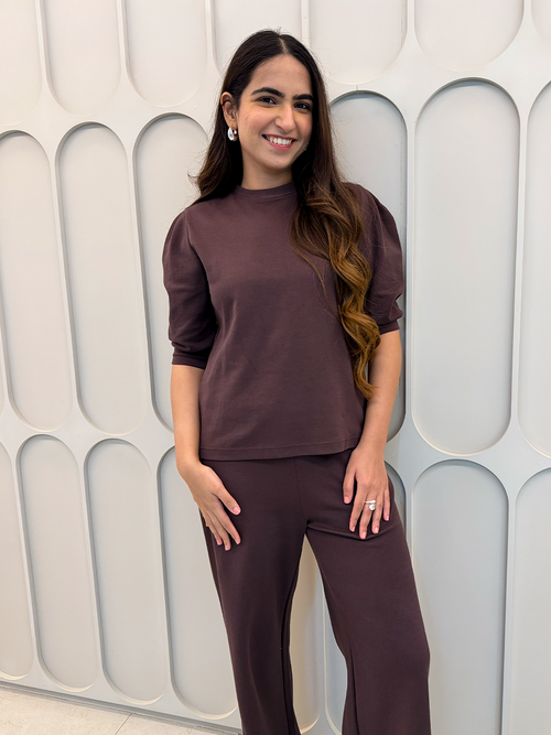 Coffee Brown Puff Sleeves Knit Co-Ord