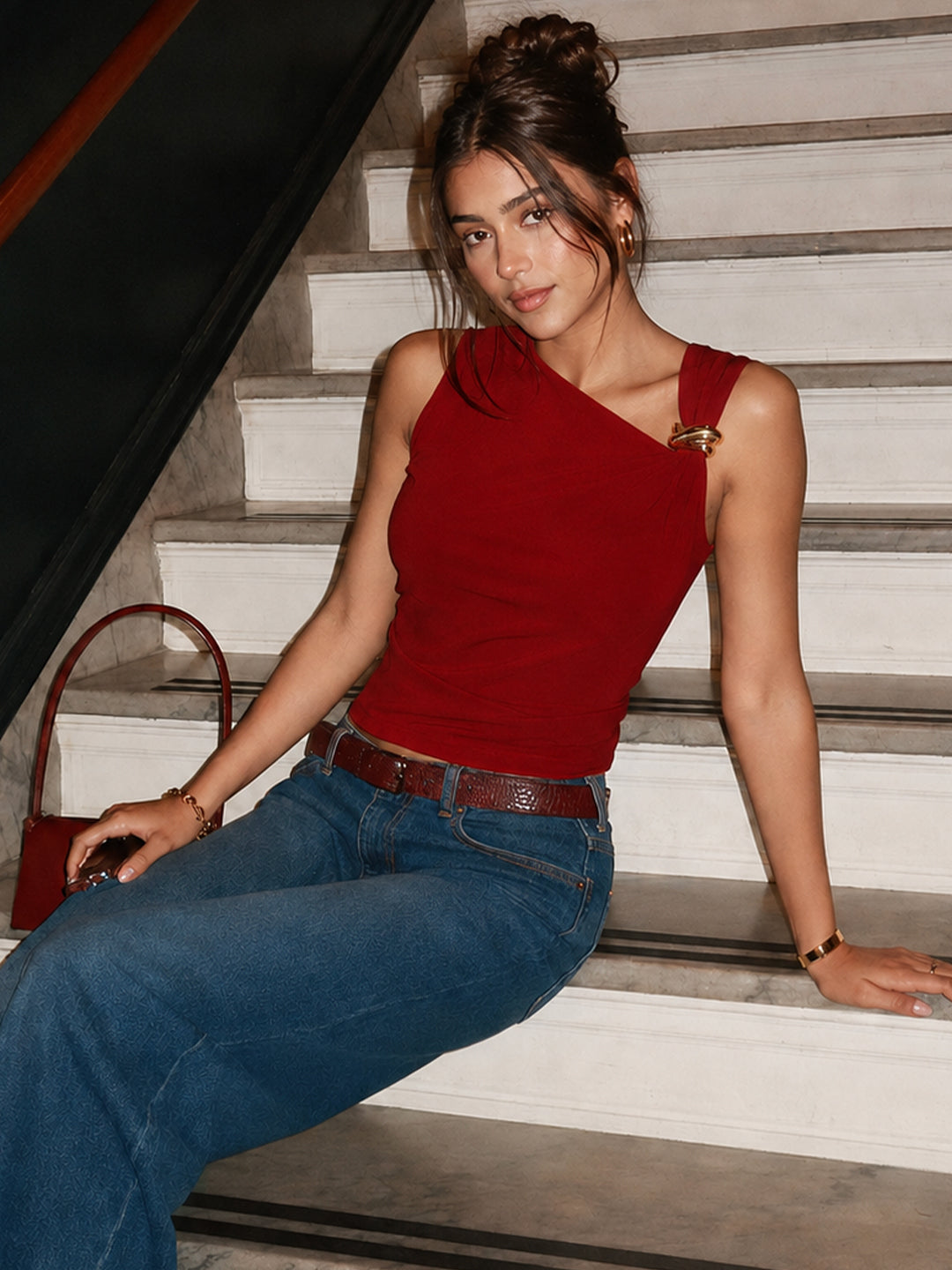 TrueStretch Red Asymmetric Neck Top