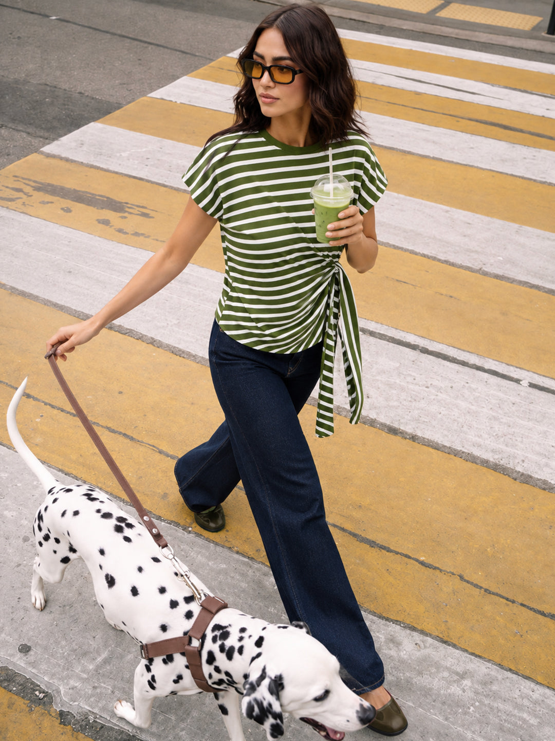 Olive Cotton Stripe Tie-Up T-Shirt