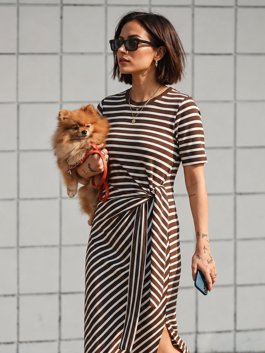 Brown Cotton Stripe Tie-up Maxi Dress