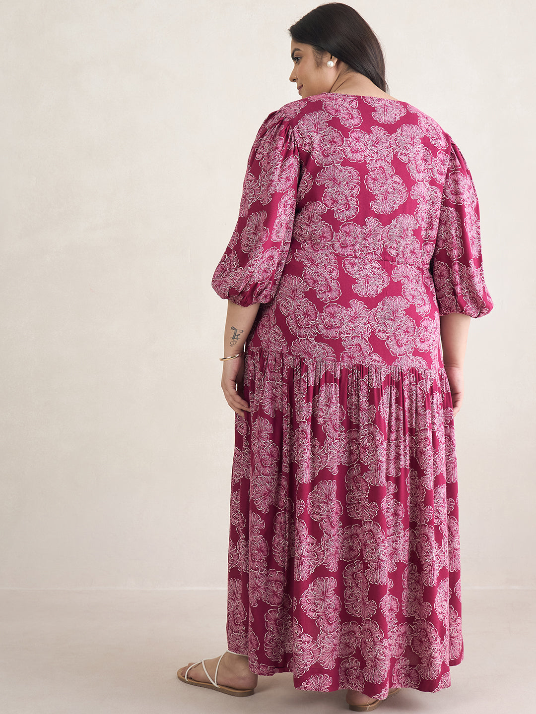 Wine Floral Print Slit Maxi Dress