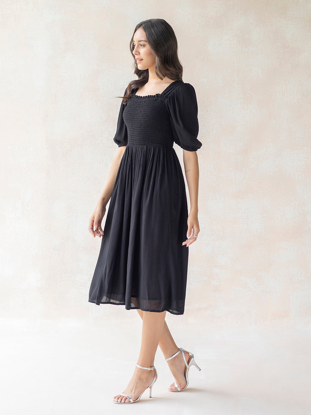 Black Crinkled Smocked Midi Dress