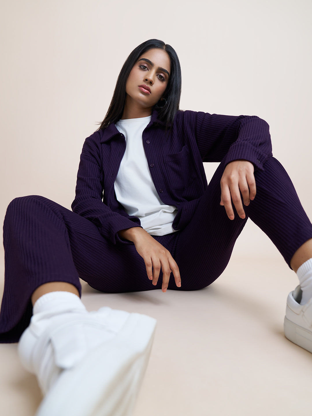 Deep Purple Waffle Knit Button Down Shirt