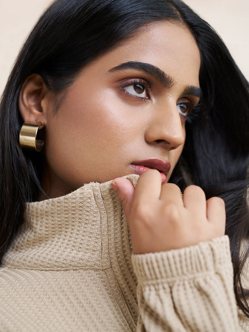 Beige Waffle Knit Zip Up Top