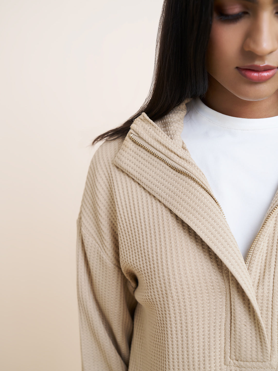Beige Waffle Knit Zip Up Top