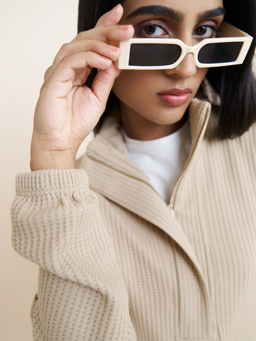 Beige Waffle Knit Zip Up Top