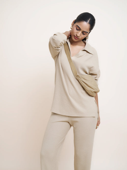 Beige Waffle Knit Collar Detail Top