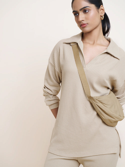 Beige Waffle Knit Collar Detail Top