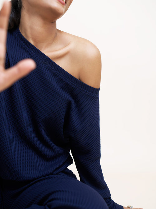 Navy Waffle Knit One Shoulder Top