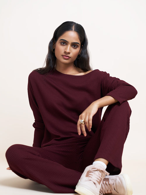 Wine Waffle Knit One Shoulder Top