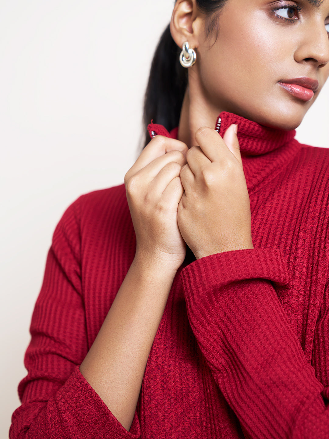 Deep Red Waffle Knit High Neck Top