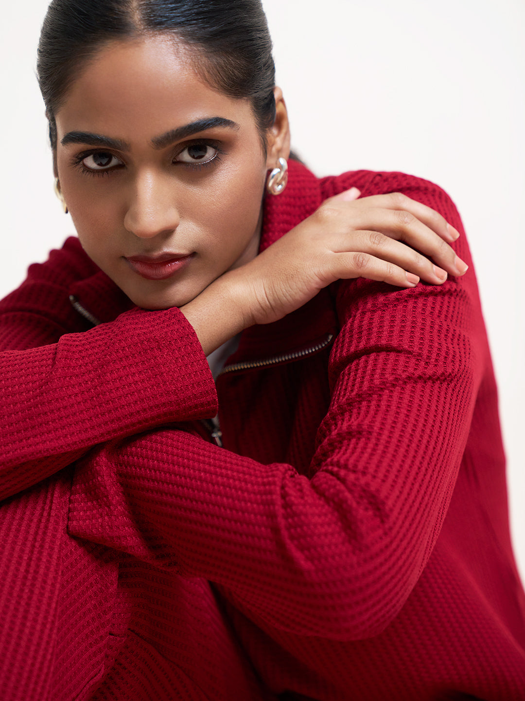 Deep Red Waffle Knit High Neck Top