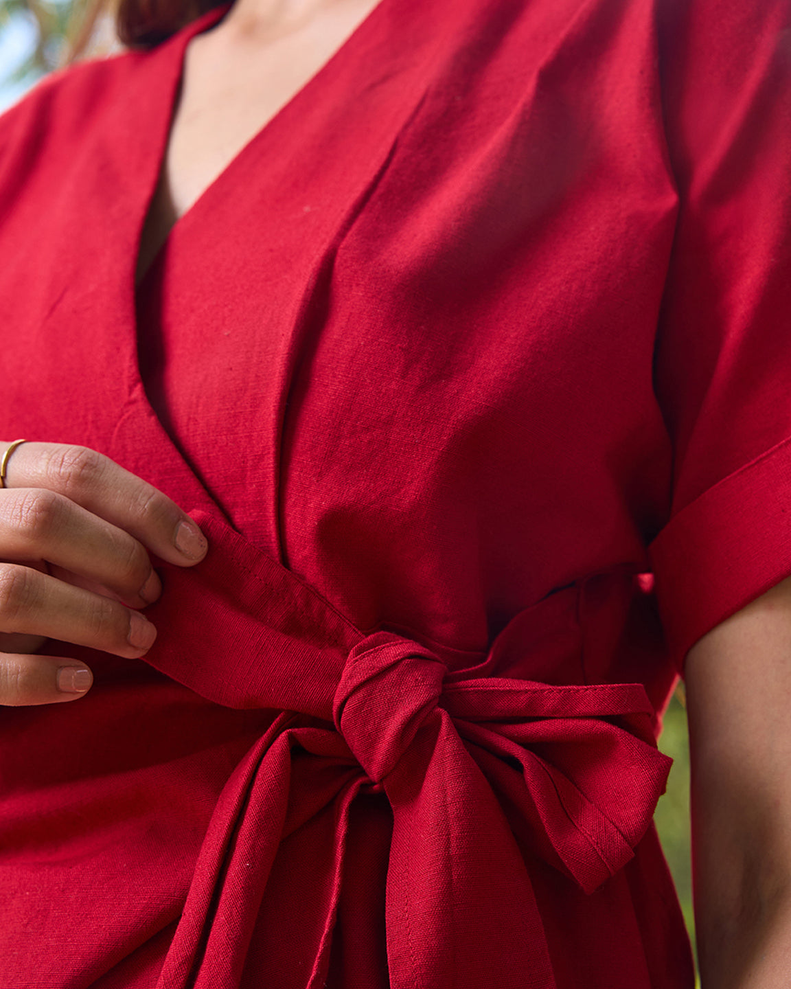 LinenLite Deep Red Wrap Dress