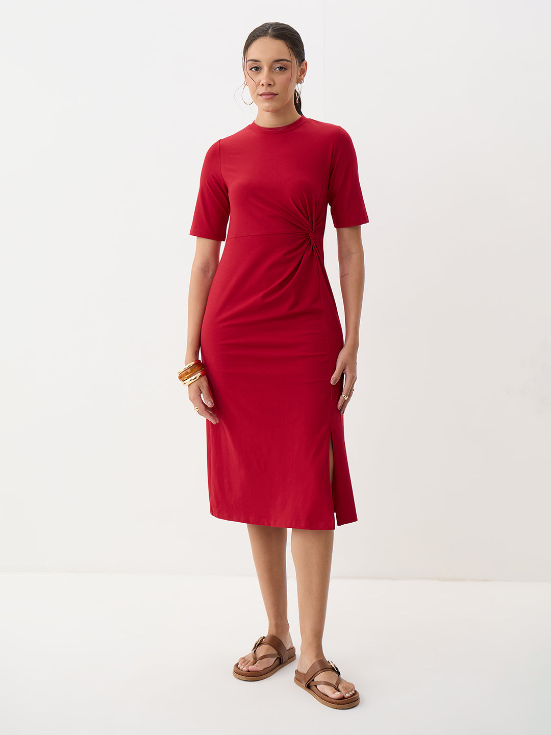 Red Knit Knot Detail Midi Dress