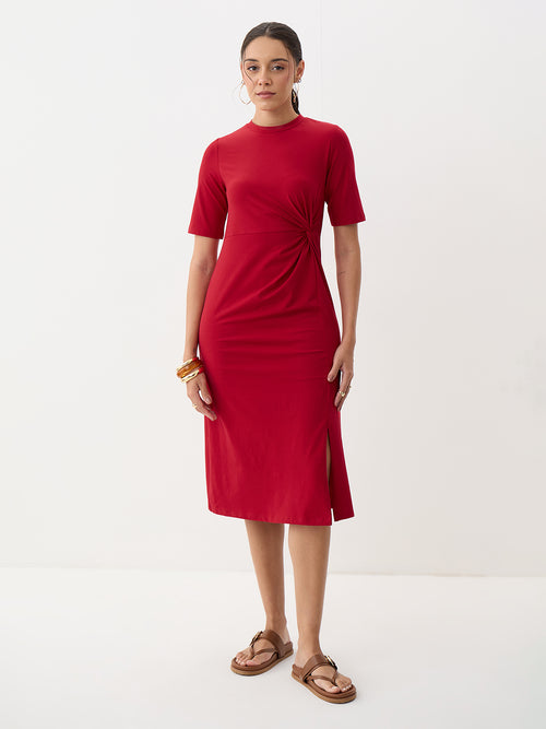 Red Knit Knot Detail Midi Dress