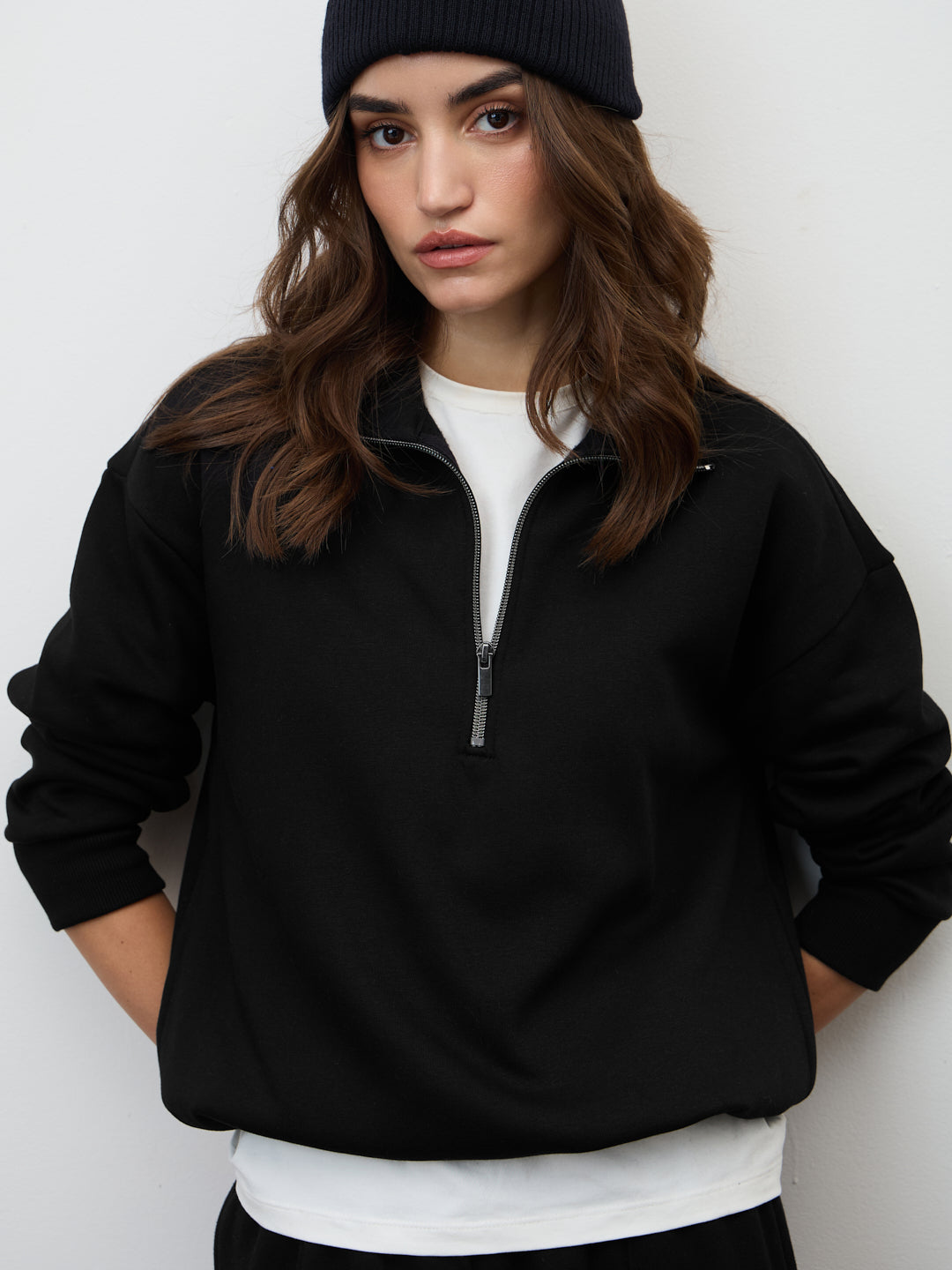 Black Half Zipper Fleece Crop Sweatshirt