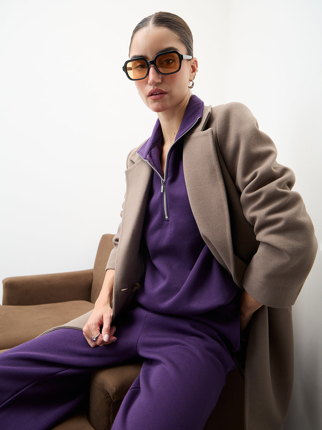 Purple Half Zipper Fleece Crop Sweatshirt